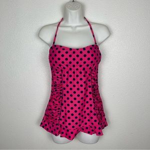 Arizona Jeans Pink & Blue Polka Dot Tankini, Ruffle, Halter Top Neck, Swim Top
